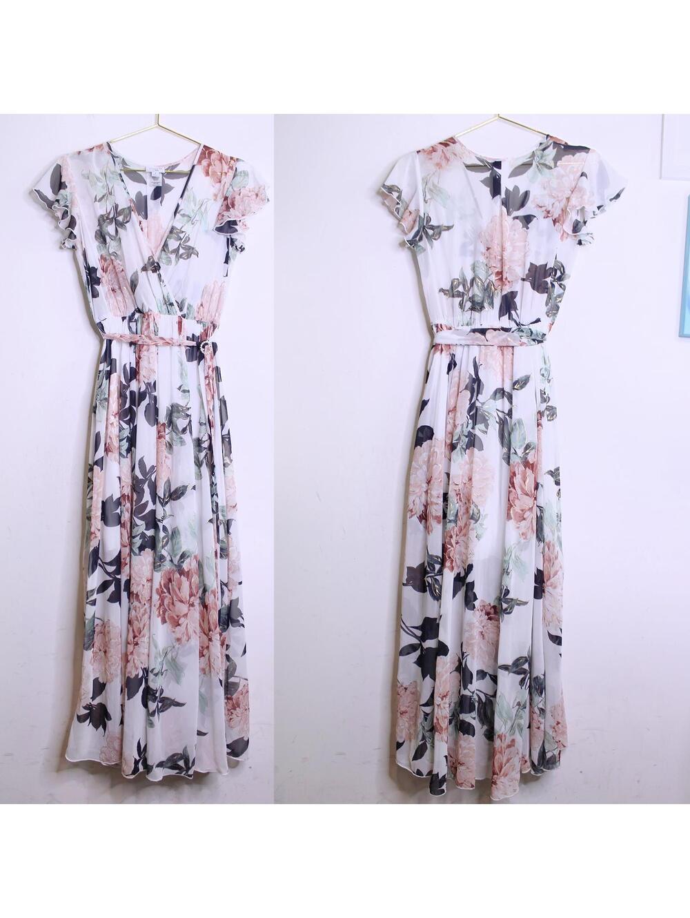 White Pink Floral Ruffle Sleeve Maxi Wrap Dress - 4